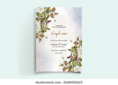 QUADRO DE CONVITE DE CASAMENTO COM DECORAÇÕES DE FLORES E FOLHAS FRESCAS