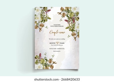 MARCO DE INVITACIÓN DE BODA CON DECORACIONES FLORALES Y HOJAS FRESCAS
