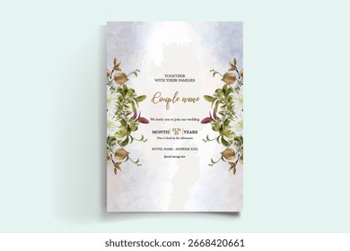 WEDDING INVITATION FRAME WITH FLOWER DECORATIONS AND FRESH LEAVES