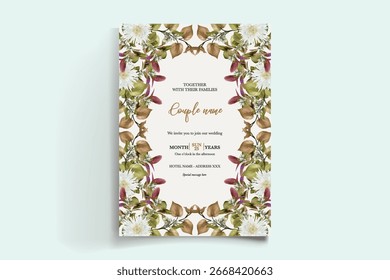 QUADRO DE CONVITE DE CASAMENTO COM DECORAÇÕES DE FLORES E FOLHAS FRESCAS