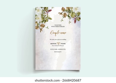 MARCO DE INVITACIÓN DE BODA CON DECORACIONES FLORALES Y HOJAS FRESCAS
