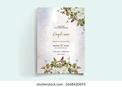 HOCHZEITSEINLADUNGSRAHMEN MIT BLUMENDEKORATIONEN UND FRISCHEN BLÄTTERN
