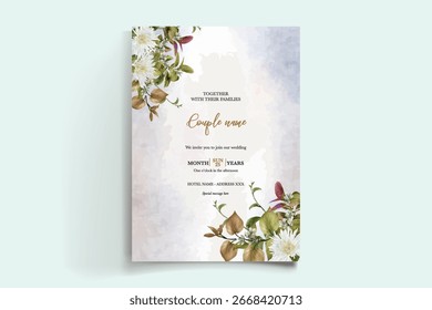 MARCO DE INVITACIÓN DE BODA CON DECORACIONES FLORALES Y HOJAS FRESCAS