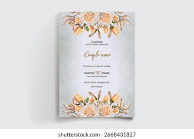 WEDDING INVITATION FRAME WITH FLOWER DECORATIONS AND FRESH LEAVES