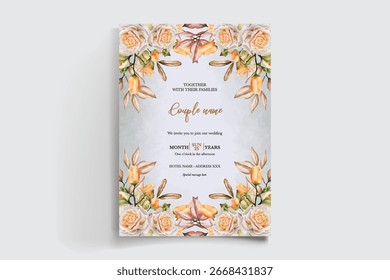 QUADRO DE CONVITE DE CASAMENTO COM DECORAÇÕES DE FLORES E FOLHAS FRESCAS