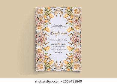 WEDDING INVITATION FRAME WITH FLOWER DECORATIONS AND FRESH LEAVES