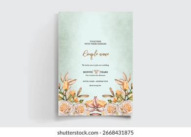 WEDDING INVITATION FRAME WITH FLOWER DECORATIONS AND FRESH LEAVES