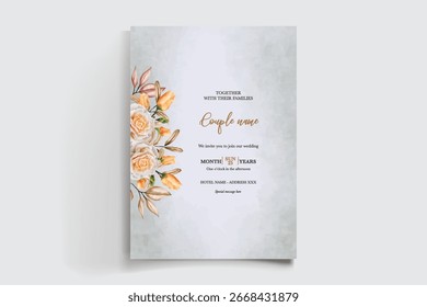 MARCO DE INVITACIÓN DE BODA CON DECORACIONES FLORALES Y HOJAS FRESCAS