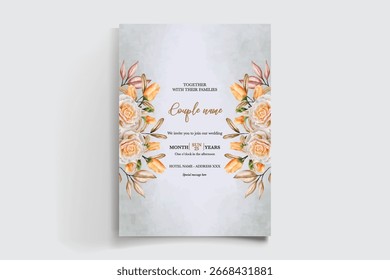 WEDDING INVITATION FRAME WITH FLOWER DECORATIONS AND FRESH LEAVES
