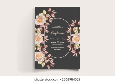HOCHZEITSEINLADUNGSRAHMEN MIT BLUMENDEKORATIONEN UND FRISCHEN BLÄTTERN