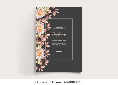 WEDDING INVITATION FRAME WITH FLOWER DECORATIONS AND FRESH LEAVES