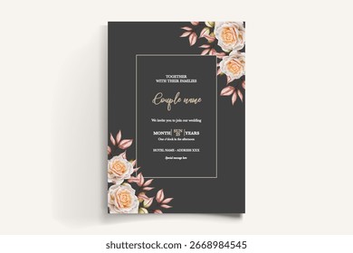 HOCHZEITSEINLADUNGSRAHMEN MIT BLUMENDEKORATIONEN UND FRISCHEN BLÄTTERN