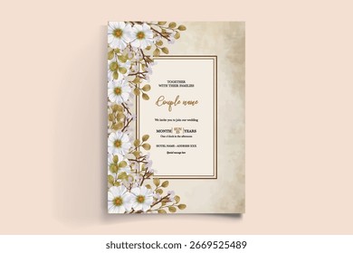 WEDDING INVITATION FRAME WITH FLOWER DECORATIONS AND FRESH LEAVES