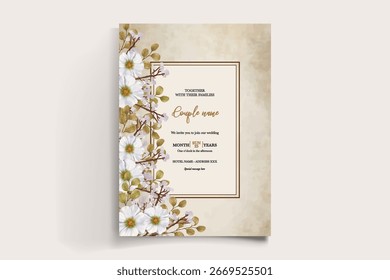 QUADRO DE CONVITE DE CASAMENTO COM DECORAÇÕES DE FLORES E FOLHAS FRESCAS