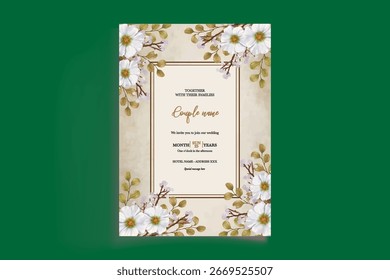 WEDDING INVITATION FRAME WITH FLOWER DECORATIONS AND FRESH LEAVES