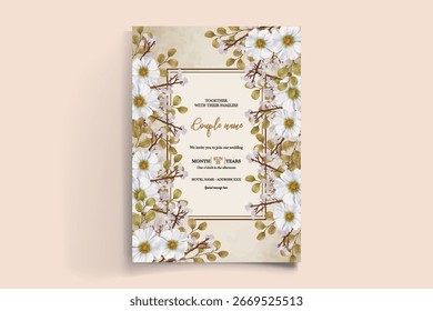 QUADRO DE CONVITE DE CASAMENTO COM DECORAÇÕES DE FLORES E FOLHAS FRESCAS