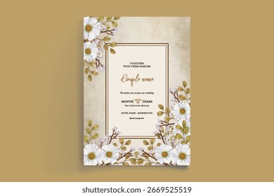 MARCO DE INVITACIÓN DE BODA CON DECORACIONES FLORALES Y HOJAS FRESCAS
