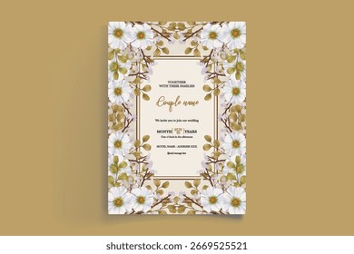 WEDDING INVITATION FRAME WITH FLOWER DECORATIONS AND FRESH LEAVES