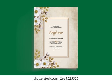 HOCHZEITSEINLADUNGSRAHMEN MIT BLUMENDEKORATIONEN UND FRISCHEN BLÄTTERN