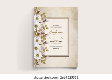 QUADRO DE CONVITE DE CASAMENTO COM DECORAÇÕES DE FLORES E FOLHAS FRESCAS