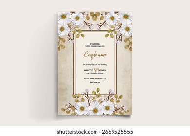 WEDDING INVITATION FRAME WITH FLOWER DECORATIONS AND FRESH LEAVES