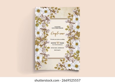 HOCHZEITSEINLADUNGSRAHMEN MIT BLUMENDEKORATIONEN UND FRISCHEN BLÄTTERN