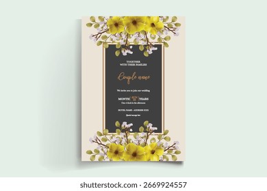 HOCHZEITSEINLADUNGSRAHMEN MIT BLUMENDEKORATIONEN UND FRISCHEN BLÄTTERN