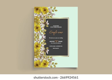 WEDDING INVITATION FRAME WITH FLOWER DECORATIONS AND FRESH LEAVES