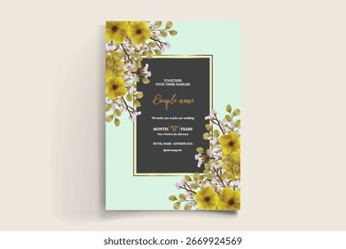 WEDDING INVITATION FRAME WITH FLOWER DECORATIONS AND FRESH LEAVES
