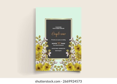 WEDDING INVITATION FRAME WITH FLOWER DECORATIONS AND FRESH LEAVES