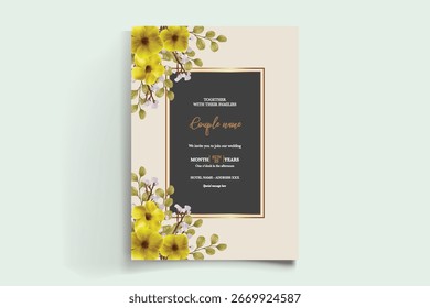 QUADRO DE CONVITE DE CASAMENTO COM DECORAÇÕES DE FLORES E FOLHAS FRESCAS