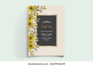 WEDDING INVITATION FRAME WITH FLOWER DECORATIONS AND FRESH LEAVES