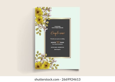 WEDDING INVITATION FRAME WITH FLOWER DECORATIONS AND FRESH LEAVES