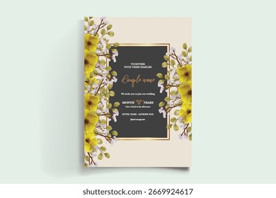 HOCHZEITSEINLADUNGSRAHMEN MIT BLUMENDEKORATIONEN UND FRISCHEN BLÄTTERN