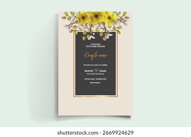 HOCHZEITSEINLADUNGSRAHMEN MIT BLUMENDEKORATIONEN UND FRISCHEN BLÄTTERN