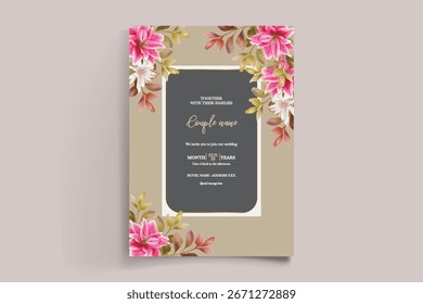 WEDDING INVITATION FRAME WITH FLOWER DECORATIONS AND FRESH LEAVES