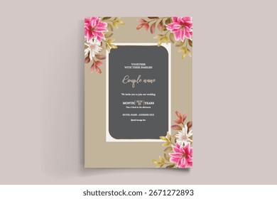 WEDDING INVITATION FRAME WITH FLOWER DECORATIONS AND FRESH LEAVES