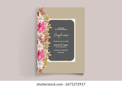 WEDDING INVITATION FRAME WITH FLOWER DECORATIONS AND FRESH LEAVES