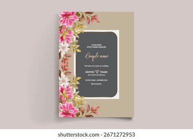 HOCHZEITSEINLADUNGSRAHMEN MIT BLUMENDEKORATIONEN UND FRISCHEN BLÄTTERN