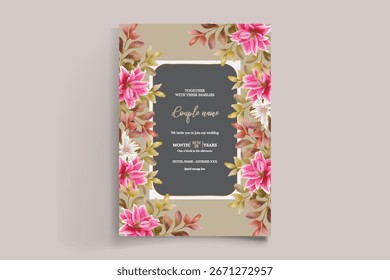 WEDDING INVITATION FRAME WITH FLOWER DECORATIONS AND FRESH LEAVES