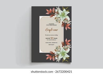 HOCHZEITSEINLADUNGSRAHMEN MIT BLUMENDEKORATIONEN UND FRISCHEN BLÄTTERN