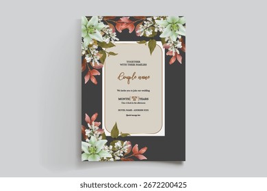 QUADRO DE CONVITE DE CASAMENTO COM DECORAÇÕES DE FLORES E FOLHAS FRESCAS