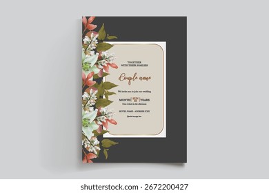 WEDDING INVITATION FRAME WITH FLOWER DECORATIONS AND FRESH LEAVES