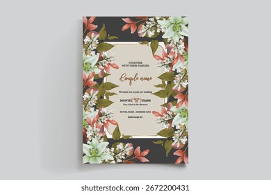 QUADRO DE CONVITE DE CASAMENTO COM DECORAÇÕES DE FLORES E FOLHAS FRESCAS
