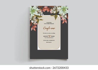 WEDDING INVITATION FRAME WITH FLOWER DECORATIONS AND FRESH LEAVES