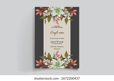 WEDDING INVITATION FRAME WITH FLOWER DECORATIONS AND FRESH LEAVES