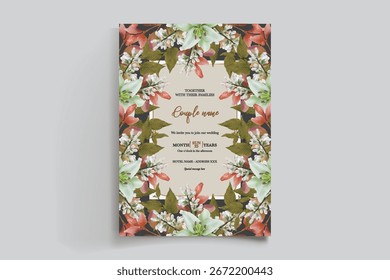 QUADRO DE CONVITE DE CASAMENTO COM DECORAÇÕES DE FLORES E FOLHAS FRESCAS