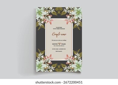 HOCHZEITSEINLADUNGSRAHMEN MIT BLUMENDEKORATIONEN UND FRISCHEN BLÄTTERN