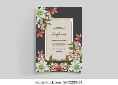 HOCHZEITSEINLADUNGSRAHMEN MIT BLUMENDEKORATIONEN UND FRISCHEN BLÄTTERN