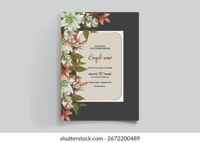 WEDDING INVITATION FRAME WITH FLOWER DECORATIONS AND FRESH LEAVES